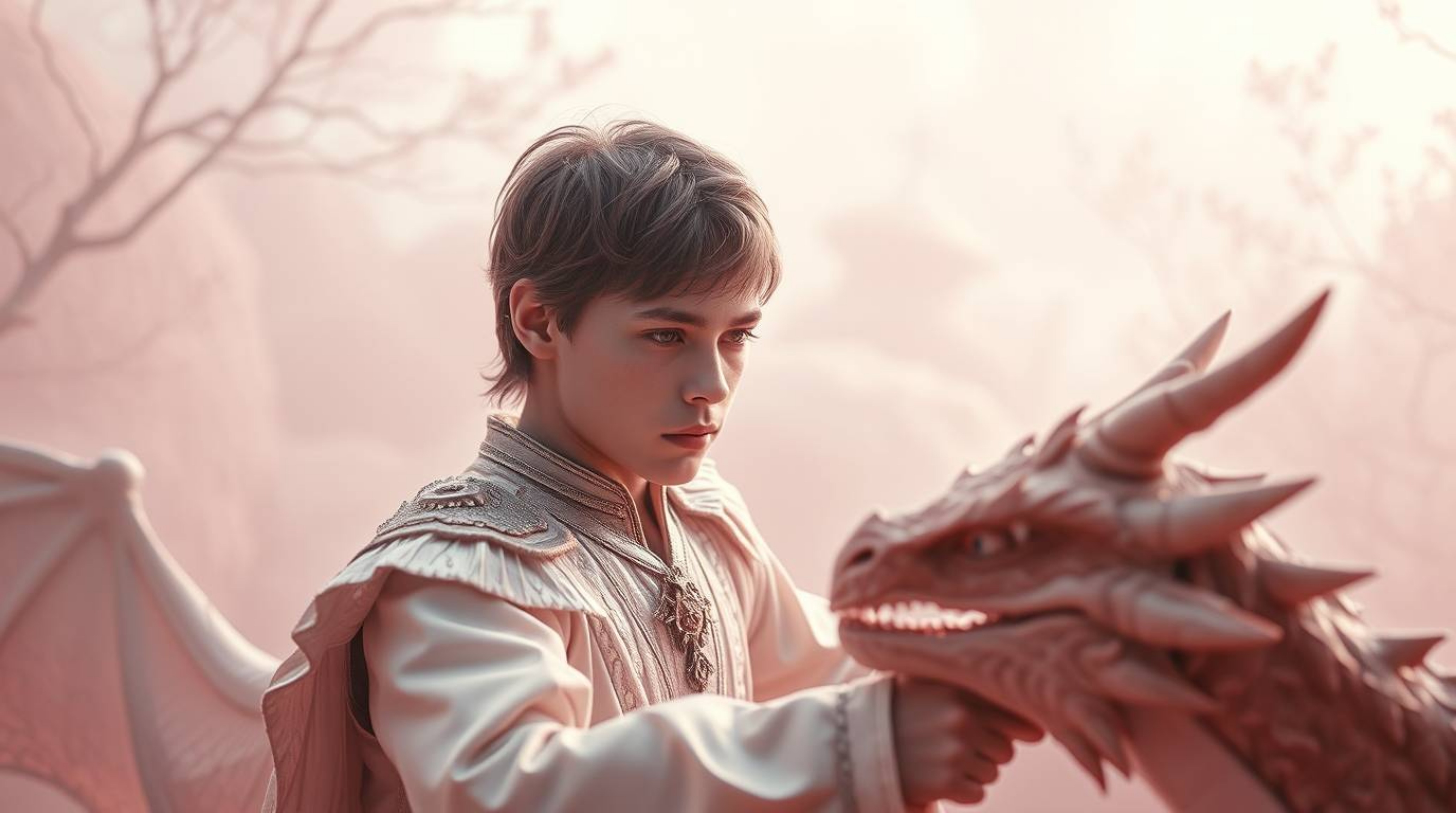 Experience a captivating scene rendered in surreal infrared tones, creating a soft and dreamy atmosphere. A charming prince w