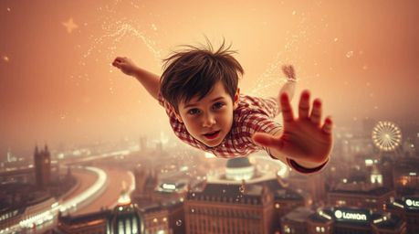 A captivating image depicts a young boy with tousled brown hair soaring through the air above a hazy infrared London skyline,
