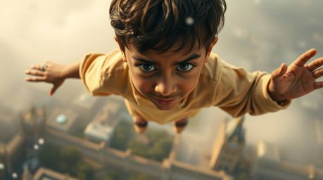 A captivating cinematic scene unfolds as a young boy with olive skin soars above London, propelled by the magic of pixie dust