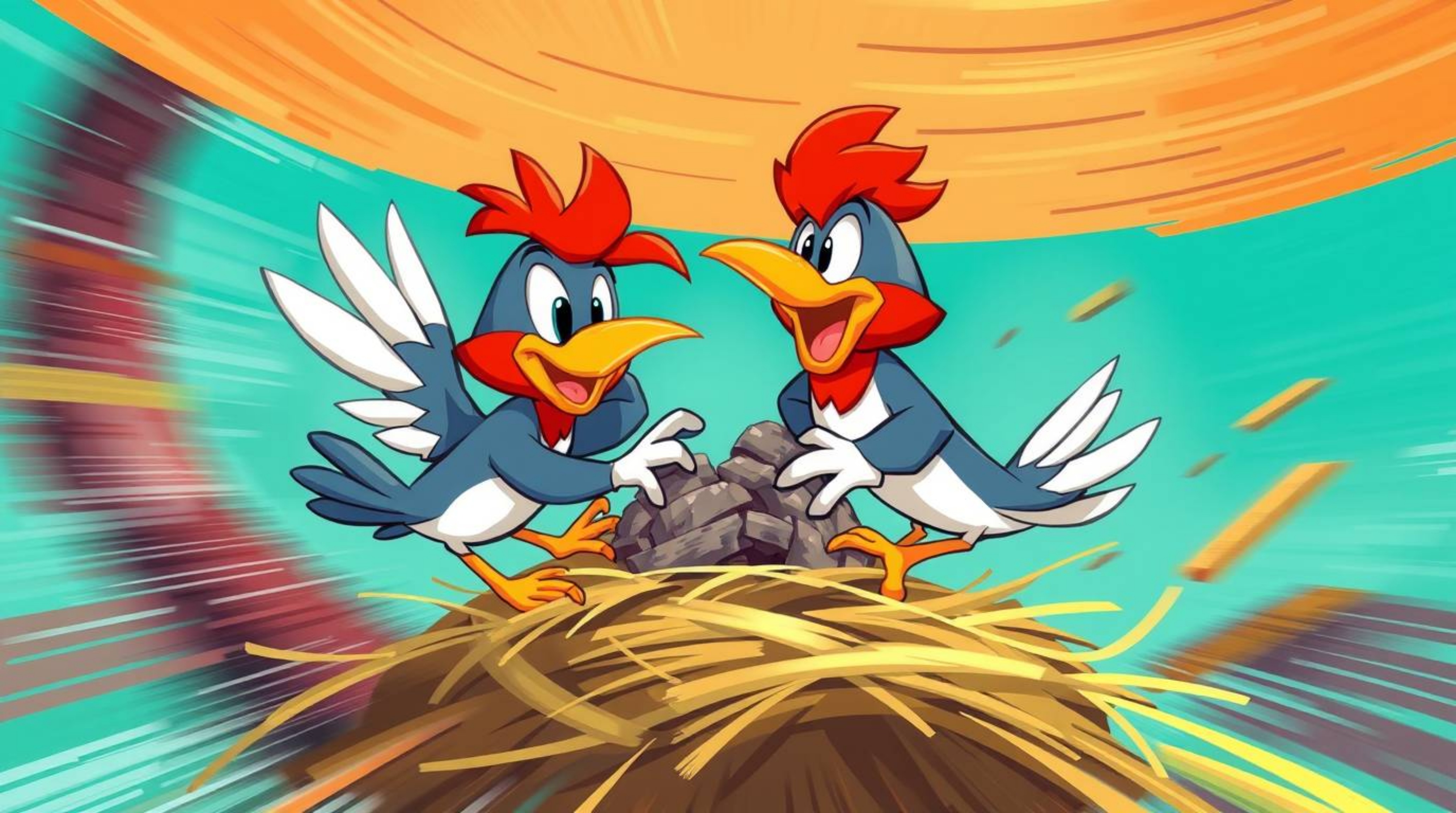 A dynamic motion-style painting showcases two cartoon birds diligently building a nest in a classic animation style. The artw