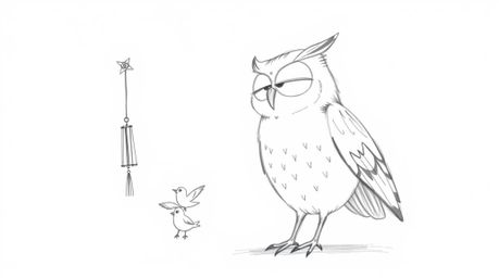 A heartwarming scene depicts a wise, blind owl with gentle, rounded features, guiding a flock of birds in the art of flight. 