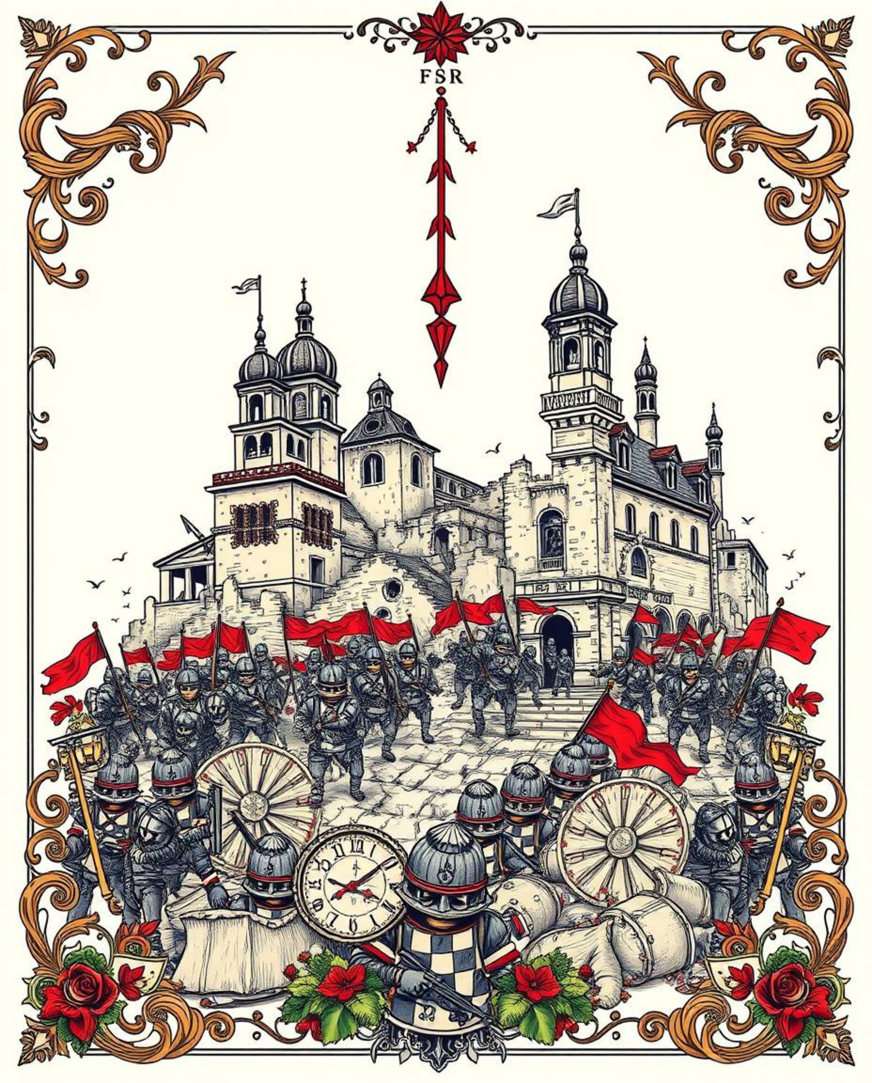 This symbolic traditional tattoo art print depicts a mesmerizing battlefield where time-warped soldiers clash amidst crumblin
