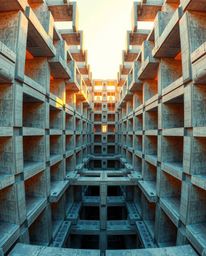 A precise architectural color photograph showcasing a mesmerizing repetitive cube pattern in the style of Escher's impossible
