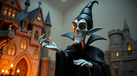 A captivating digital artwork depicts a classic Disney villain, rendered in a layered papier-mâché style, casting a spell wit