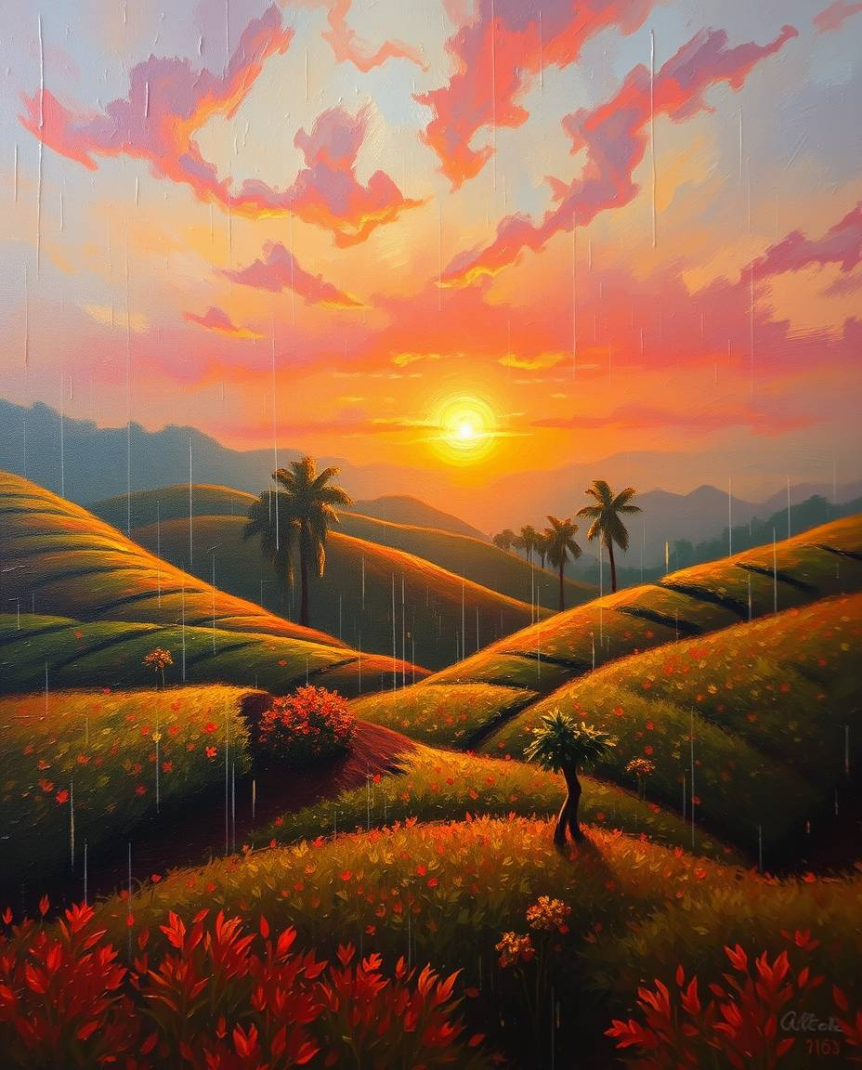 This is a warm classic oil painting that captures a sunset over terraced tea plantations on a rainy day. The artwork is disti