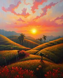 This is a warm classic oil painting that captures a sunset over terraced tea plantations on a rainy day. The artwork is disti