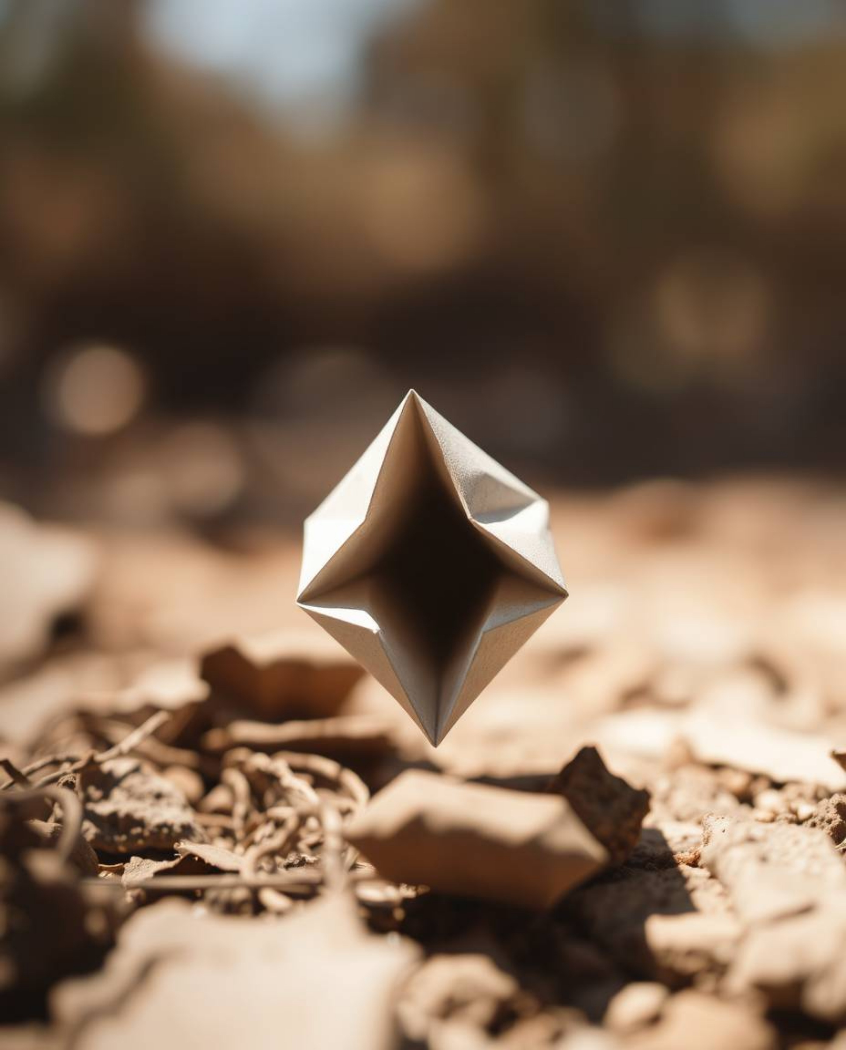 A captivating image featuring a sharp, focused 3D geometric pattern resembling folded paper.  The monochrome design, in earth