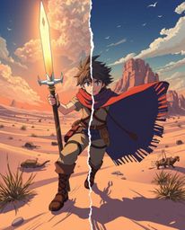 A brave hero embarks on a vibrant Disney-style desert adventure, reimagined in a captivating split Isekai anime style. The a