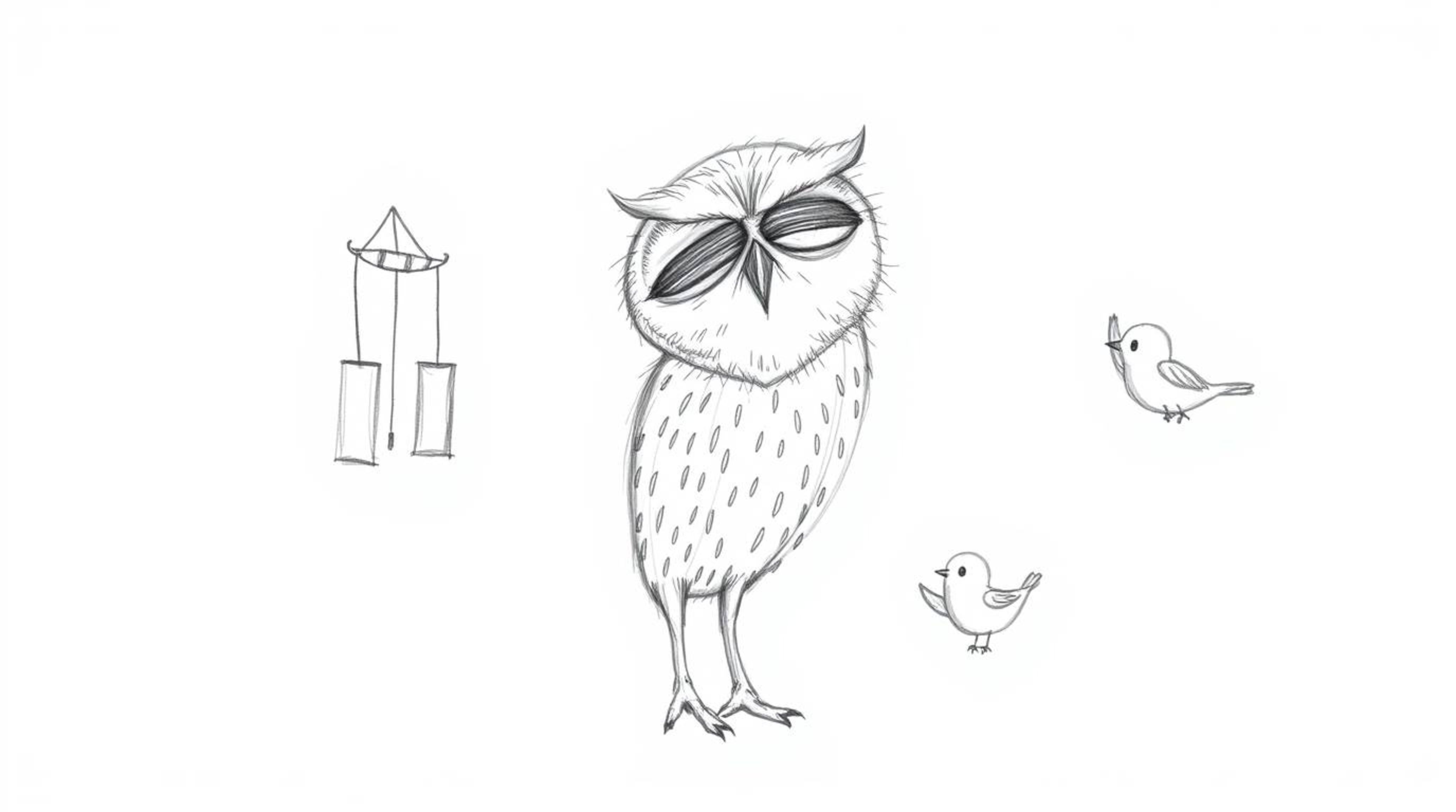 A heartwarming, hand-drawn sketch in Pixar style depicting a blind owl with soft, downy feathers lovingly teaching small bird