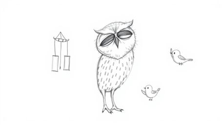 A heartwarming, hand-drawn sketch in Pixar style depicting a blind owl with soft, downy feathers lovingly teaching small bird