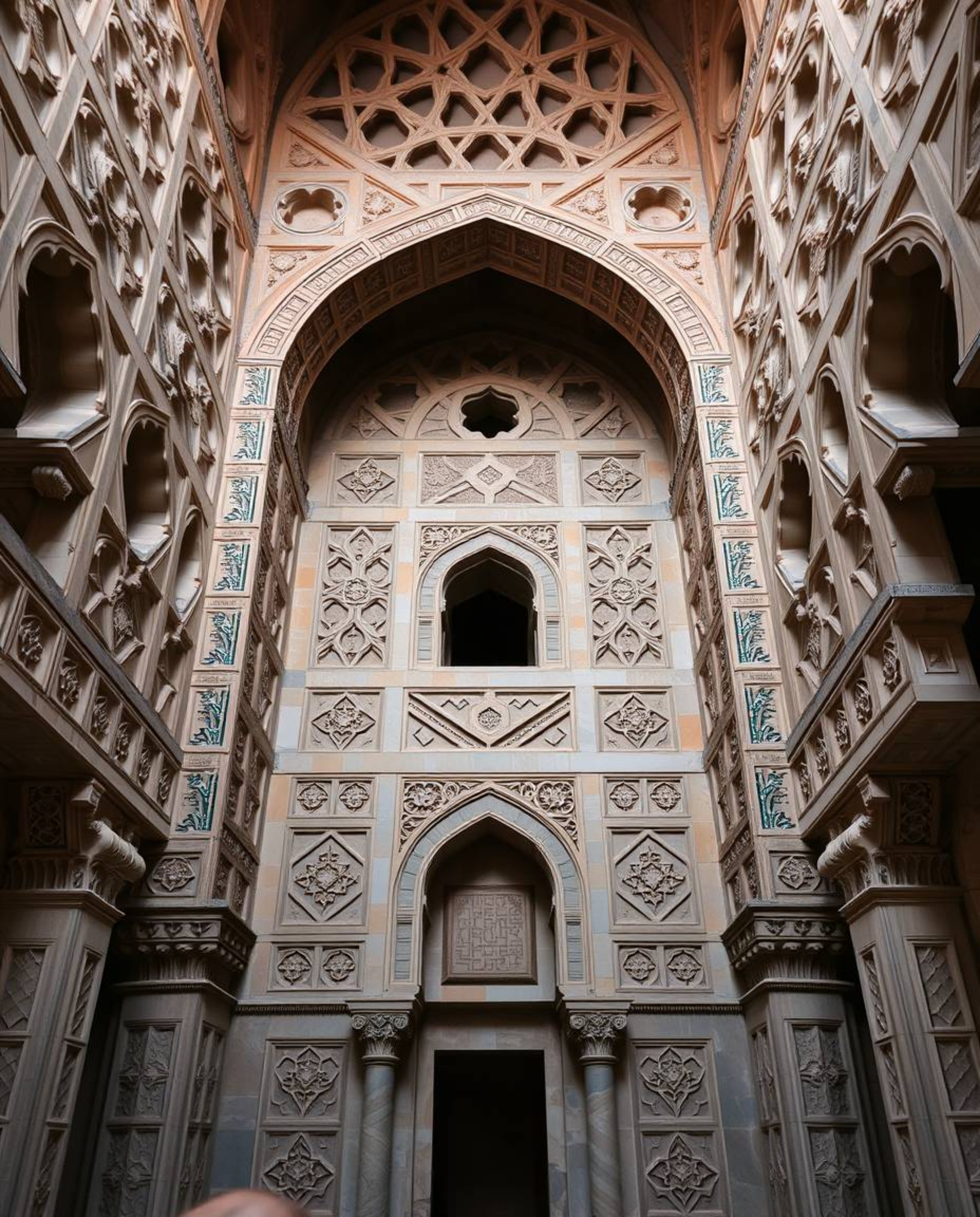 Explore precise architectural photography showcasing Islamic geometric patterns meticulously carved in stone.  These images c