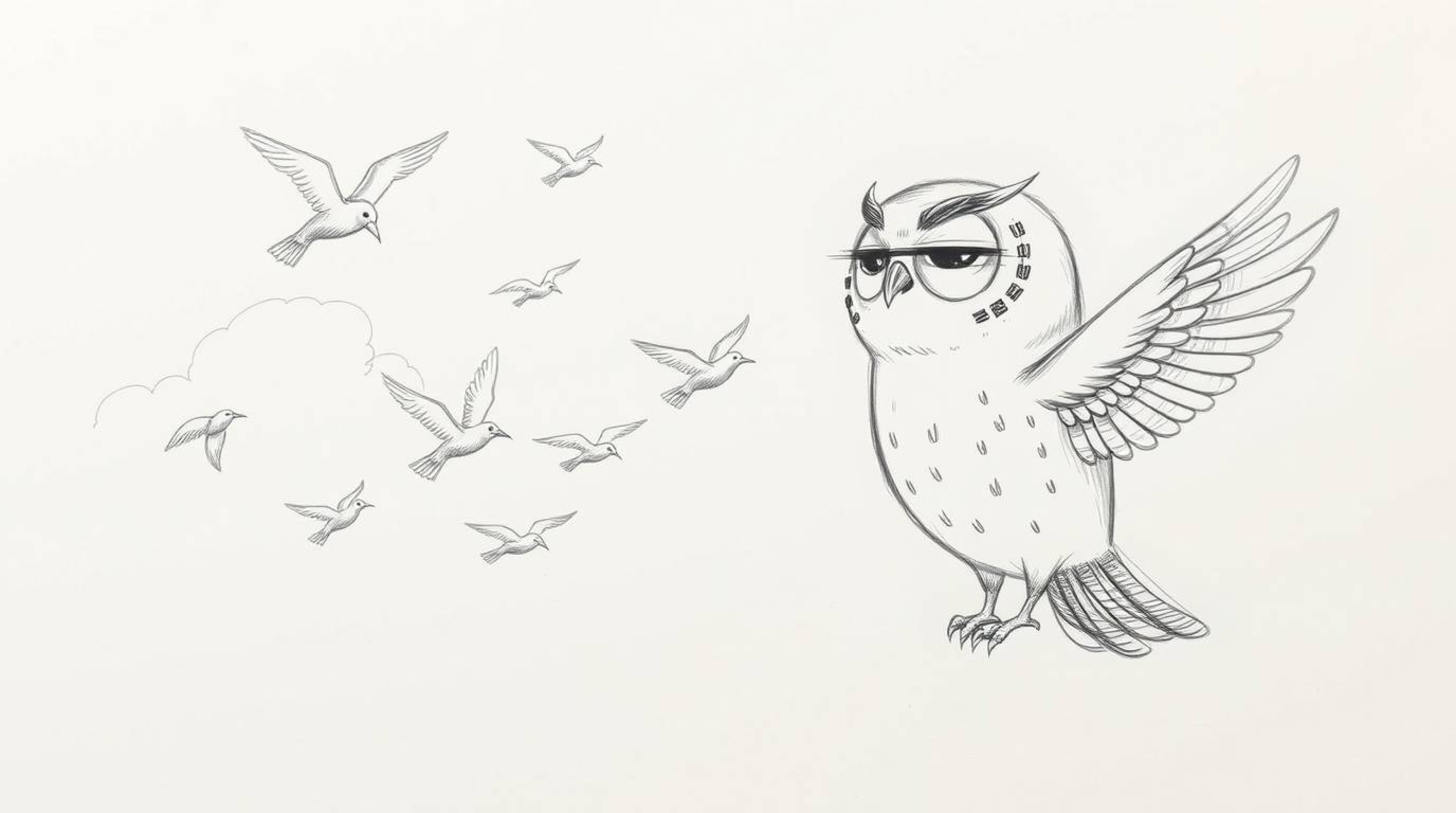 A heartwarming image depicting a blind owl in the iconic Pixar style, passionately guiding a group of birds in their flight l