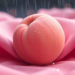 Experience the tranquility of an Isekai-inspired ASMR image featuring a soft, blushing pink peach delicately placed on silky 