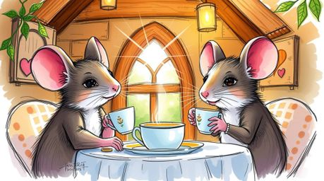A delightful hand-drawn sketchnote depicts anthropomorphic mice with refined features enjoying a charming tea party inside a 