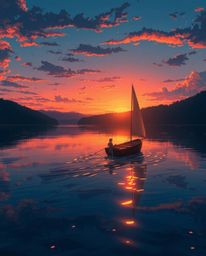 An Isekai anime-style depiction of a boat drifting on a lake at sunset. Warm candlelight flickers, casting a warm glow, enhan