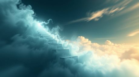 A captivating dynamic illustration depicts a winding stairway crafted from swirling smoke and light, ascending into a vast, c