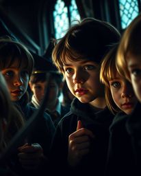 This captivating image presents a tight close-up of a magical school teeming with young wizards, masterfully employing chiaro