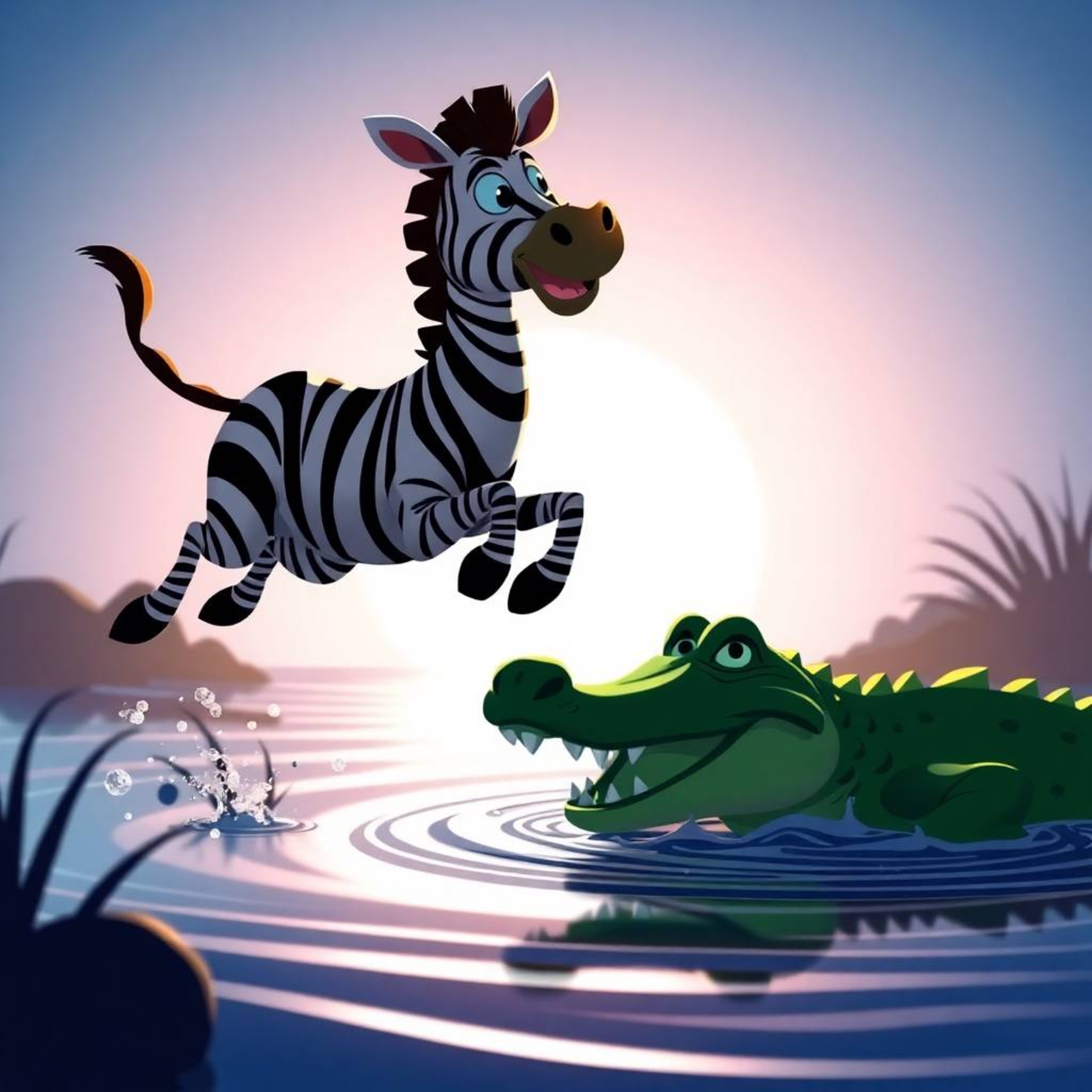 A vibrant and action-packed 3D cartoon scene featuring a silhouetted zebra and crocodile. The zebra is depicted mid-jump, loo