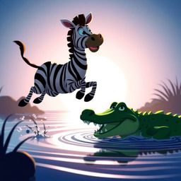 A vibrant and action-packed 3D cartoon scene featuring a silhouetted zebra and crocodile. The zebra is depicted mid-jump, loo