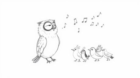 A heartwarming, whimsical sketch in the style of Pixar depicts a blind owl with expressive feathers, guiding a diverse flock 