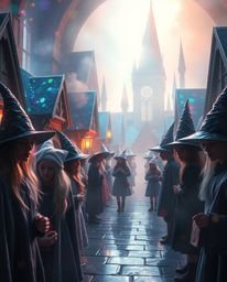 Explore a captivating magical school where young wizards learn and grow, all depicted in a soft, dreamy atmosphere filled wit