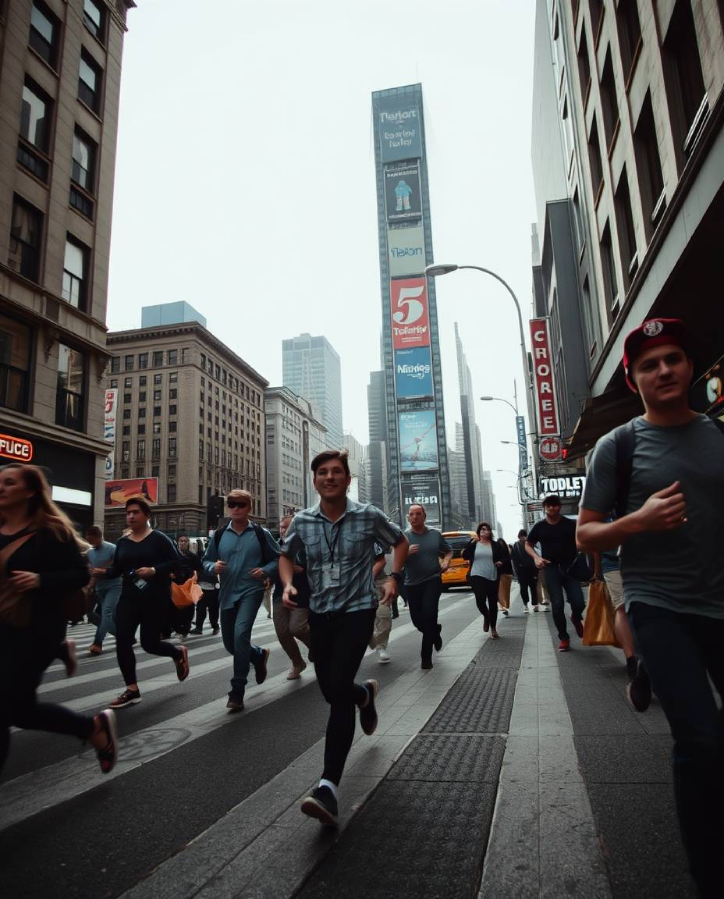 Capture the raw emotion of a city in flames with this low-angle, candid street photography. Witness people running amidst the