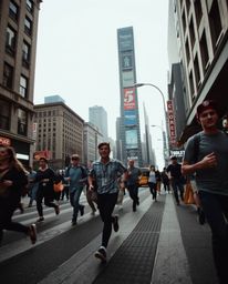Capture the raw emotion of a city in flames with this low-angle, candid street photography. Witness people running amidst the