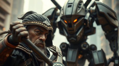 A weathered samurai with determined eyes faces off against a colossal robot in a blurred bokeh dystopian cityscape.  Soft lig
