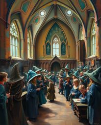 Immerse yourself in a classic oil painting depicting a magical school brimming with young wizards. Experience the rich textur