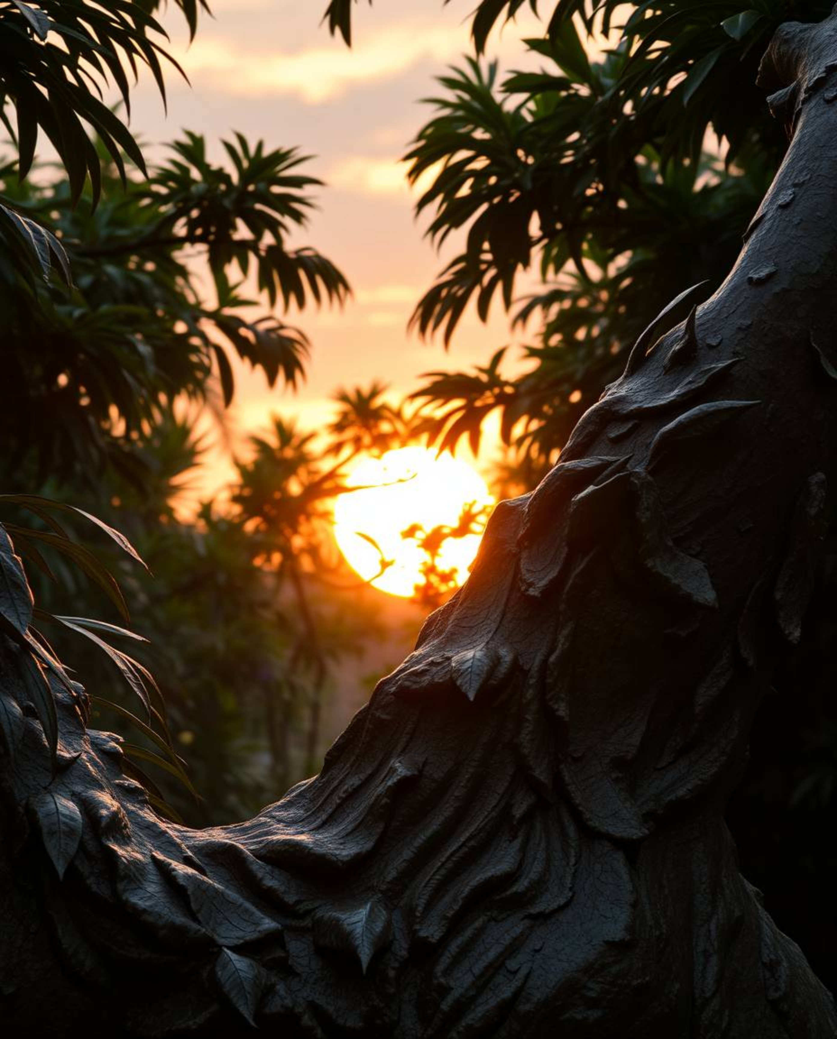 A cast bronze sculpture depicts a sunset through a dense jungle canopy. The artwork is brought to life by intense, dramatic l