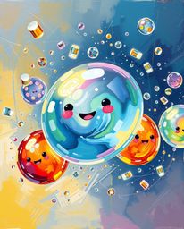 An adorable oil painting captures glassy, fluid 3D shapes in dynamic motion, encircled by radiant particles. The artwork burs