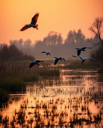 A high-resolution stock photo depicting a golden hour wetlands scene with herons in flight. This professional-quality image s