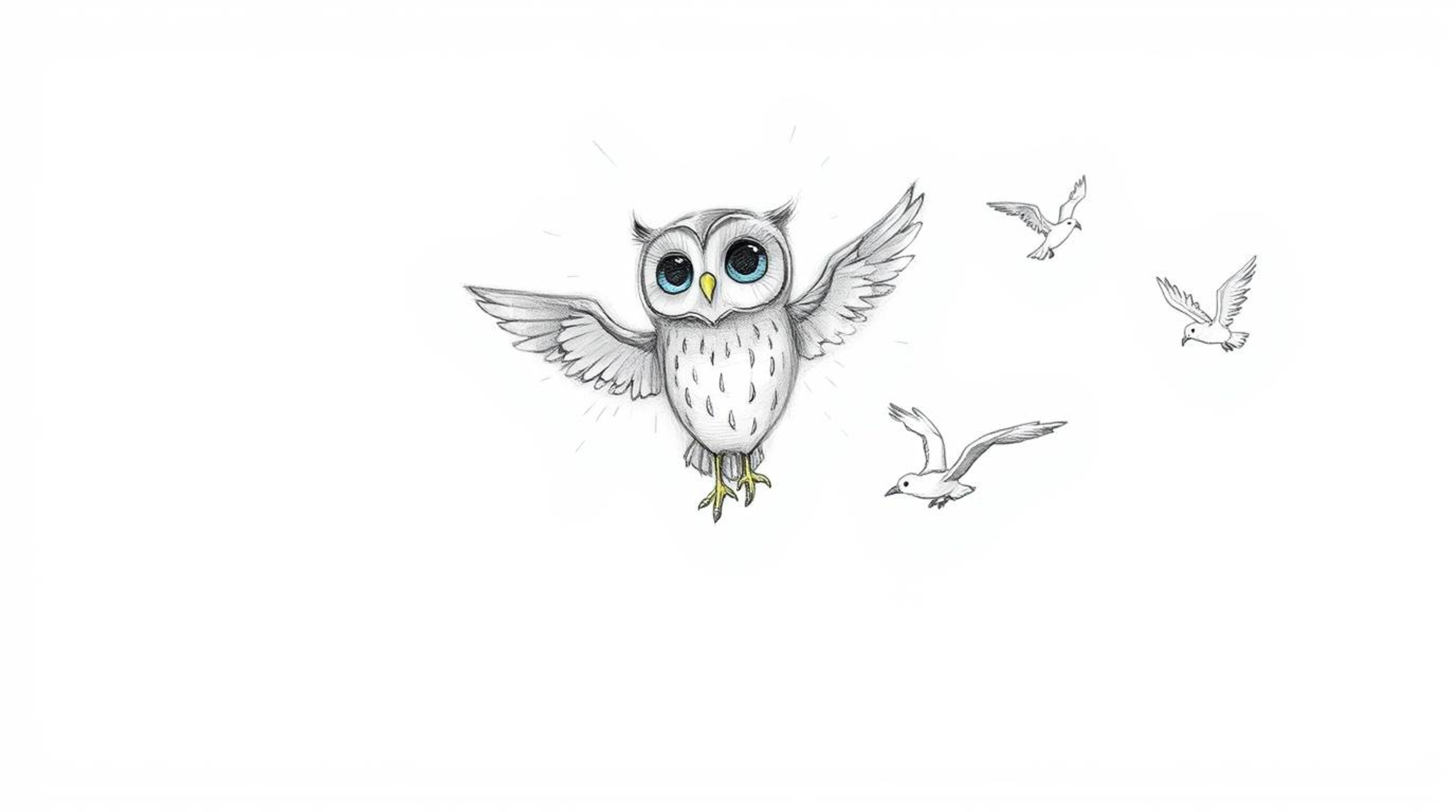 A heartwarming Pixar-style hand-drawn sketch depicts a blind owl with glowing feathers, bathed in a sunbeam. The owl is shown