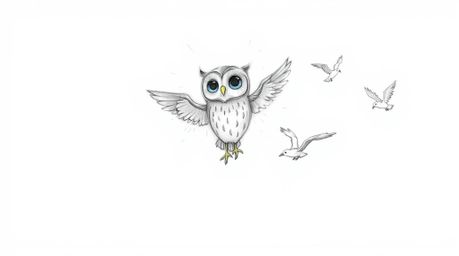 A heartwarming Pixar-style hand-drawn sketch depicts a blind owl with glowing feathers, bathed in a sunbeam. The owl is shown