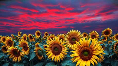 A captivating cast bronze sculpture depicting a vibrant sunflower field bathed in the rich hues of a deep red and purple suns