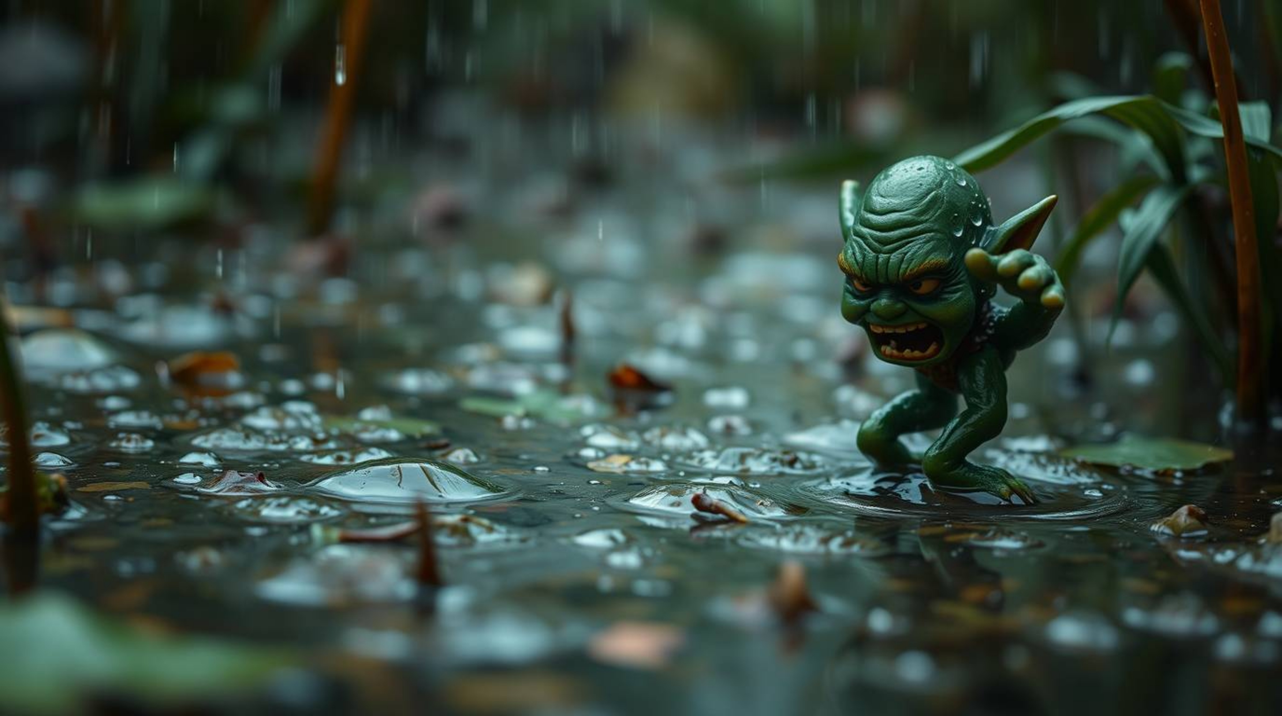 An extreme macro photograph captures the intricate details of a wet ogre dancing in a rain-soaked swamp.  The image emphasize