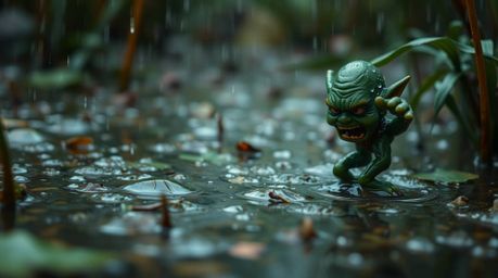 An extreme macro photograph captures the intricate details of a wet ogre dancing in a rain-soaked swamp.  The image emphasize