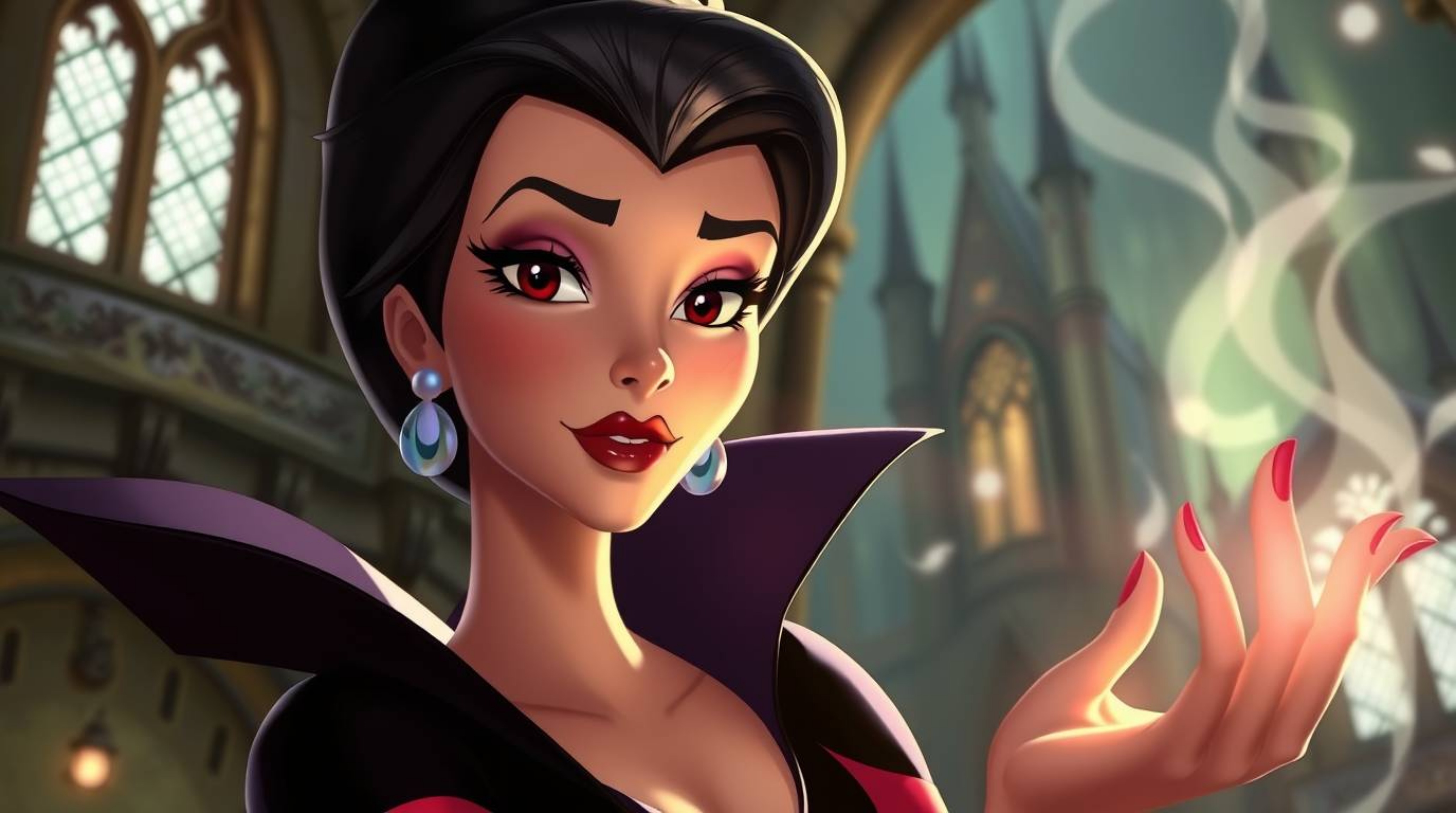 A captivating image of a graceful Disney villain, rendered in a painterly, luminous style. Her refined features and dark, ex