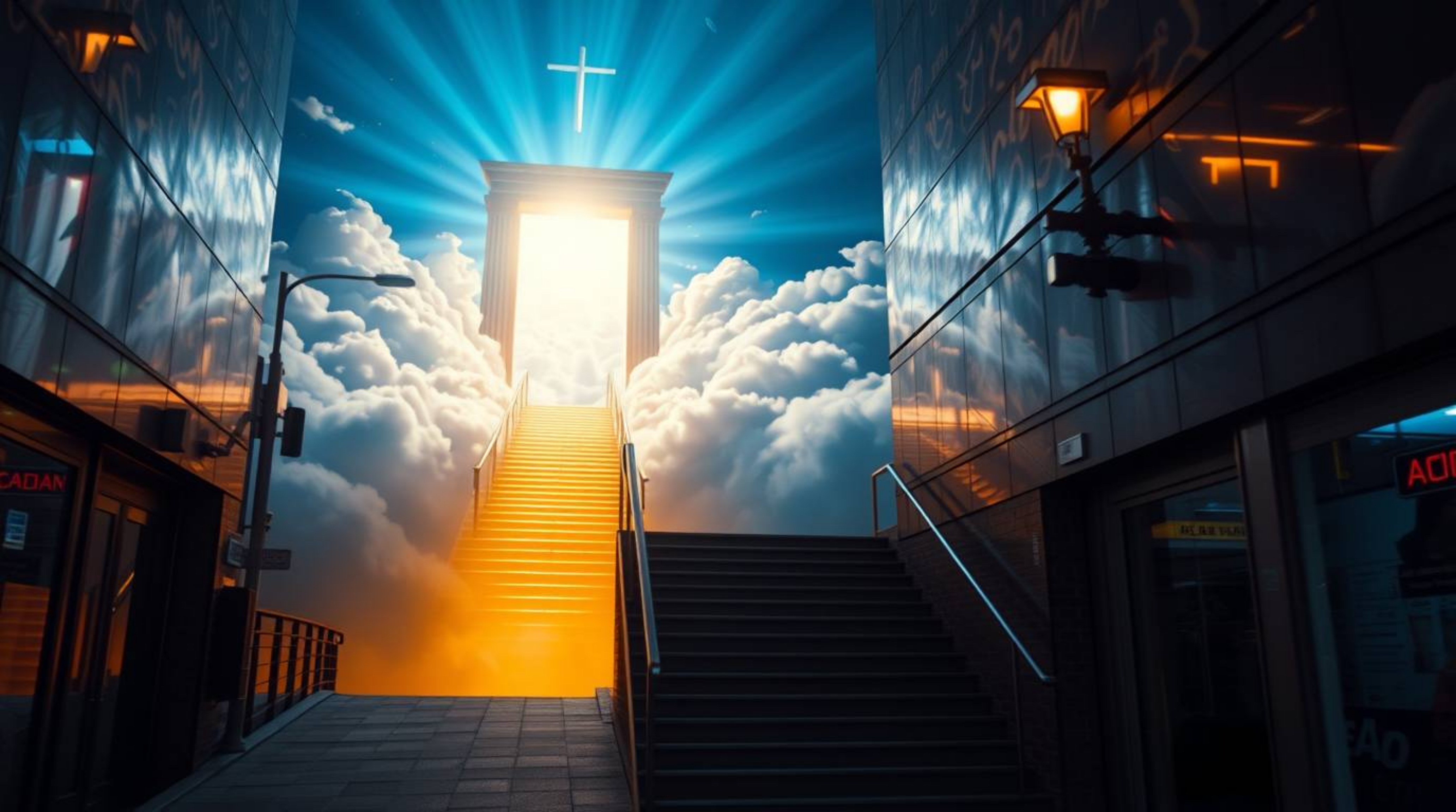A captivating blend of candid street photography and fantasy realism.  This image depicts a surreal heavenly gate floating ab