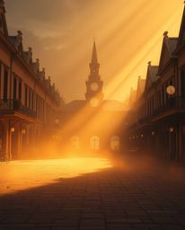 A stunning rendering of an empty town square bathed in a warm golden glow, with radiant light beams cutting through the dust.