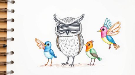A whimsical hand-drawn sketch depicts a blind owl with expressive eyes, rendered in a Pixar-esque style, guiding a group of b