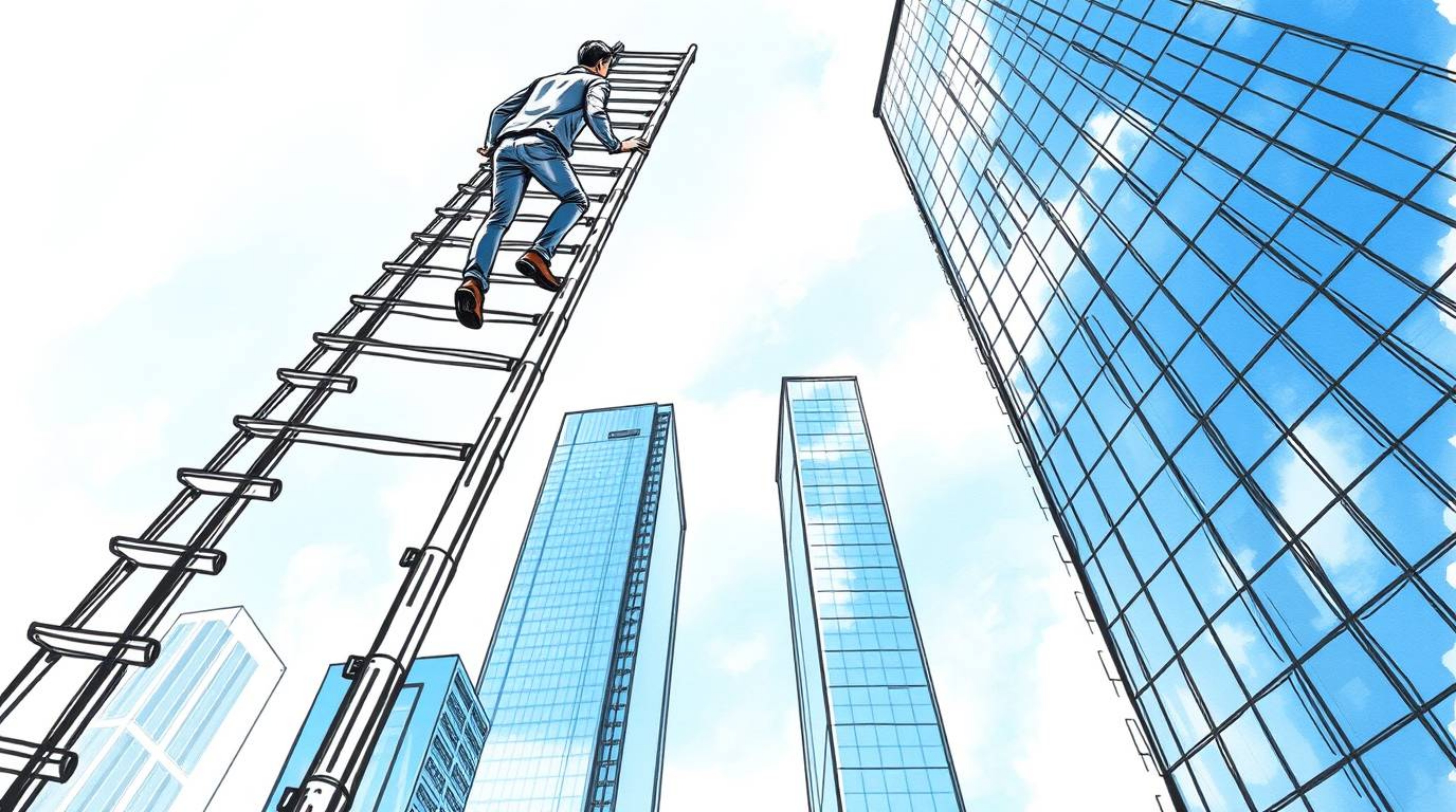 A hand-drawn sketch in a colorful sketchnote style depicts a businessperson ascending a transparent ladder into a vibrant blu