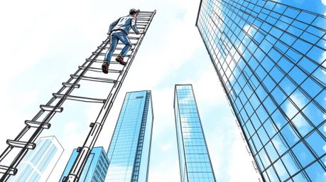 A hand-drawn sketch in a colorful sketchnote style depicts a businessperson ascending a transparent ladder into a vibrant blu