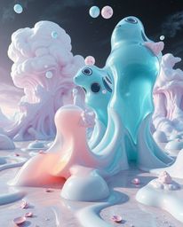 Explore a hyperrealistic 3D rendering showcasing dreamlike surreal imagery with bizarre scenes and fantastical elements. Witn