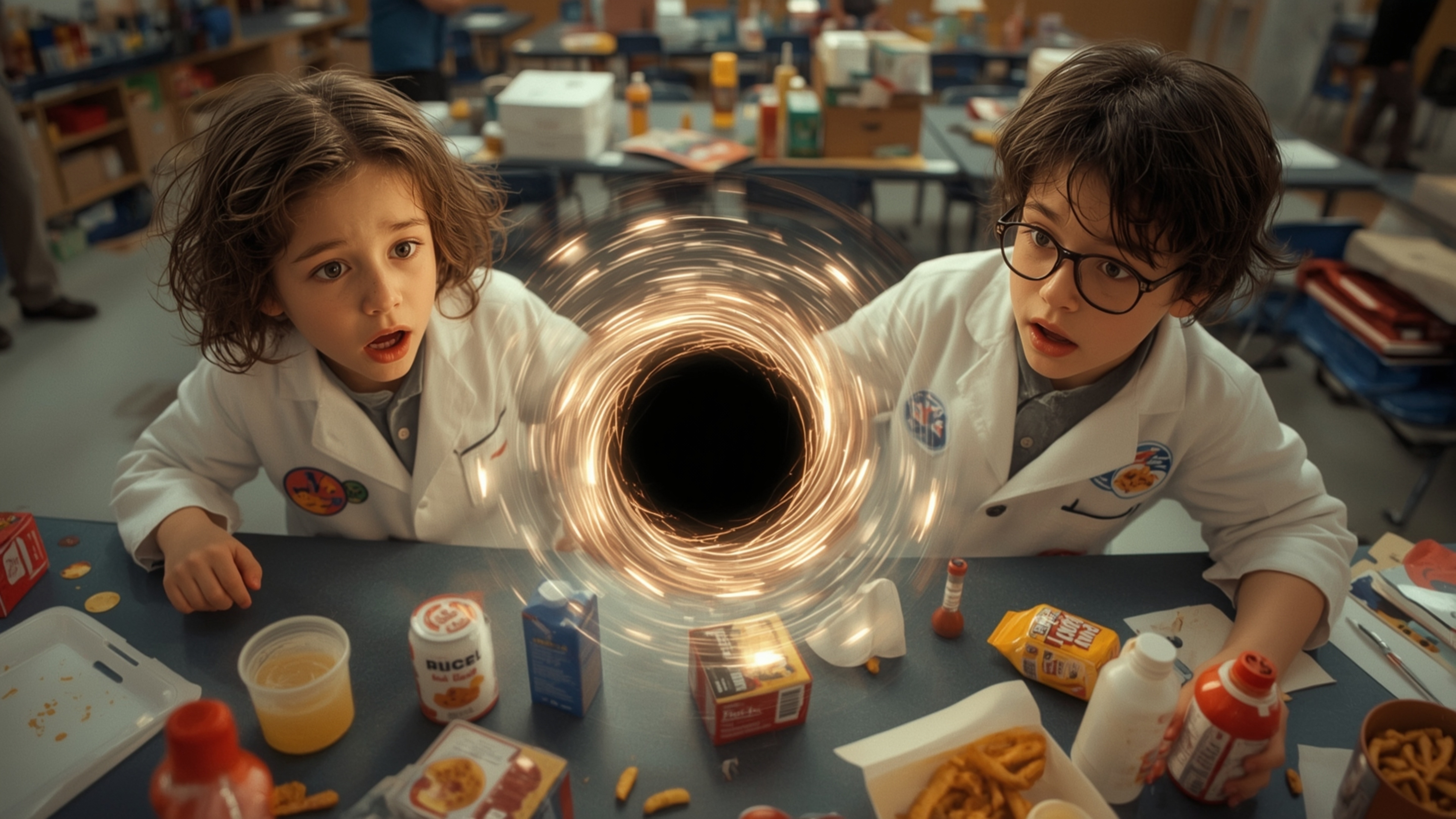 In a cinematic, high-contrast photograph reminiscent of Pixar's signature style, a shocked and bewildered science fair duo st