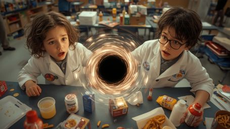 In a cinematic, high-contrast photograph reminiscent of Pixar's signature style, a shocked and bewildered science fair duo st