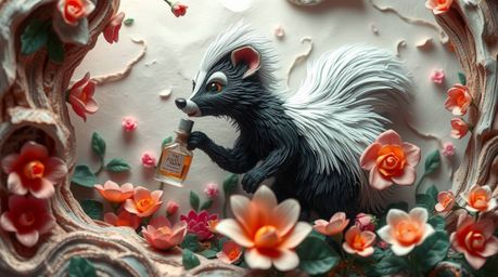 A charming and whimsical image featuring a cartoon skunk playfully spraying perfume on flowers. The scene is rendered with a 
