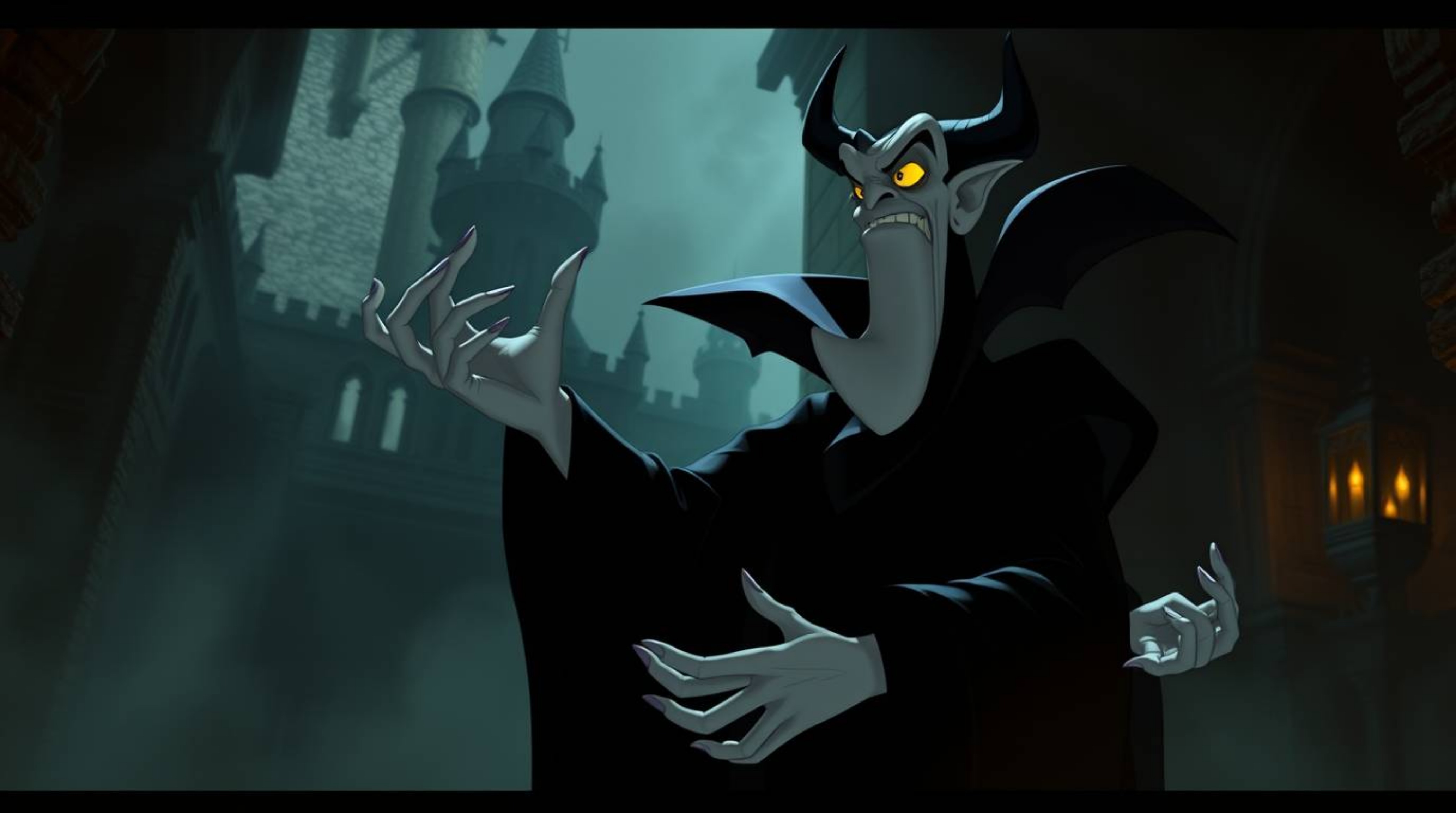 A captivating digital illustration depicting a classic Disney villain, cloaked in darkness, casting a spell within an ancient