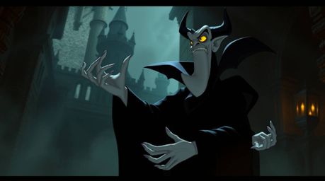 A captivating digital illustration depicting a classic Disney villain, cloaked in darkness, casting a spell within an ancient