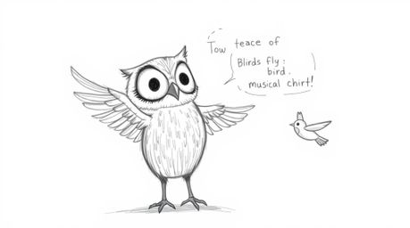 A heartwarming, hand-drawn sketch in Pixar style depicts a blind owl with textured pencil strokes, passionately teaching othe